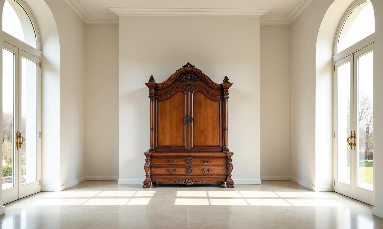 Un salon moderne épuré mettant en valeur un cabinet ancien en bois sombre